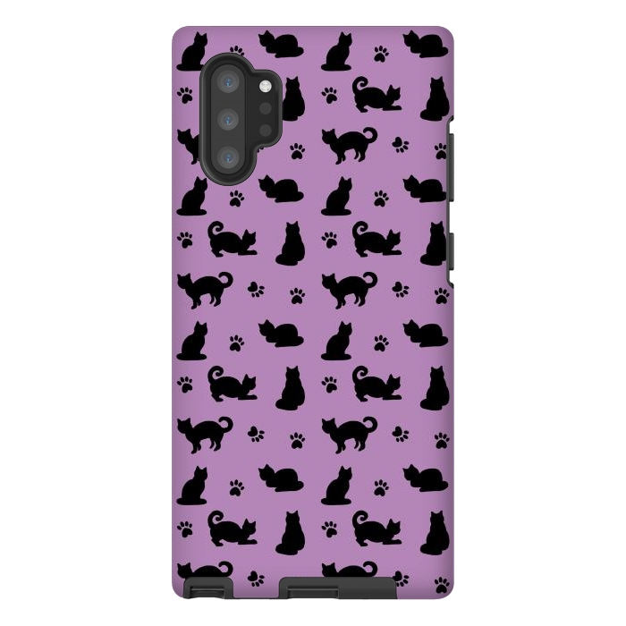 Galaxy Note 10 plus StrongFit Black and Purple Cats and Paw Prints Pattern by Julie Erin Designs