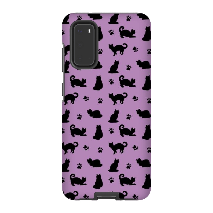 Galaxy S20 StrongFit Black and Purple Cats and Paw Prints Pattern by Julie Erin Designs