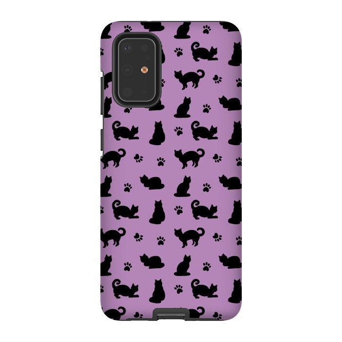 Galaxy S20 Plus StrongFit Black and Purple Cats and Paw Prints Pattern by Julie Erin Designs