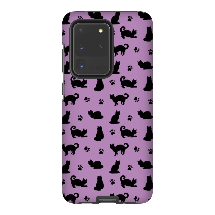 Galaxy S20 Ultra StrongFit Black and Purple Cats and Paw Prints Pattern by Julie Erin Designs