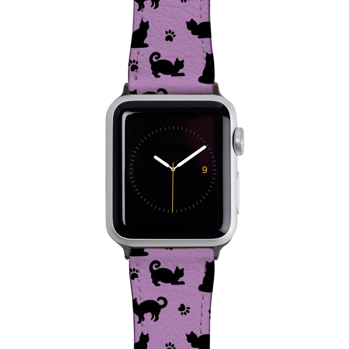 Watch 38mm / 40mm Strap PU leather Black and Purple Cats and Paw Prints Pattern by Julie Erin Designs