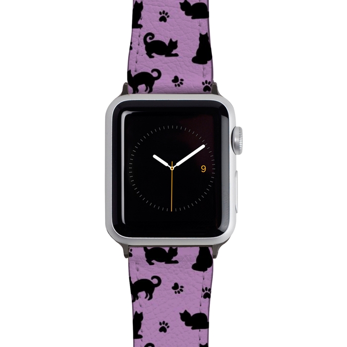 Watch 42mm / 44mm Strap PU leather Black and Purple Cats and Paw Prints Pattern by Julie Erin Designs