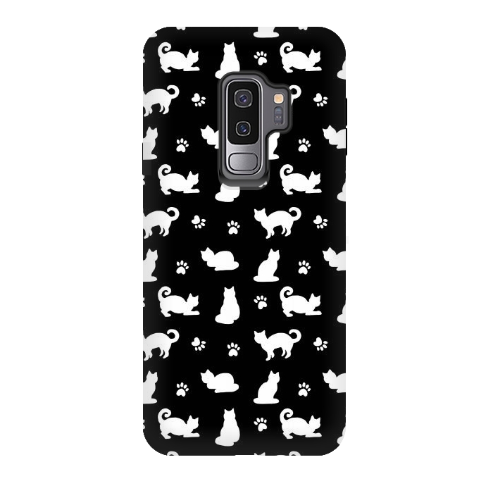 Galaxy S9 plus StrongFit Black and White Cats and Paw Prints Pattern by Julie Erin Designs