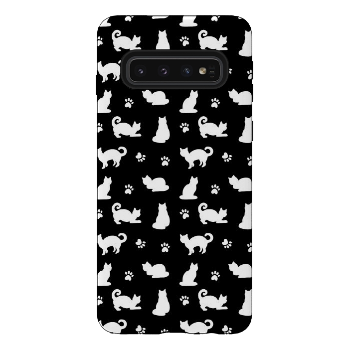 Galaxy S10 StrongFit Black and White Cats and Paw Prints Pattern by Julie Erin Designs
