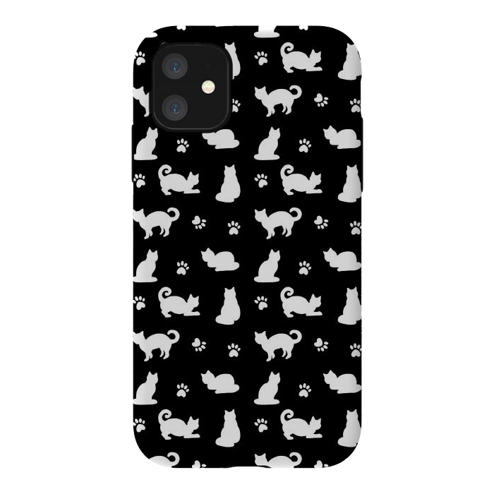 iPhone 11 StrongFit Black and White Cats and Paw Prints Pattern by Julie Erin Designs