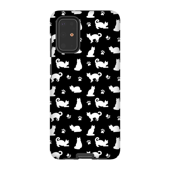 Galaxy S20 Plus StrongFit Black and White Cats and Paw Prints Pattern by Julie Erin Designs