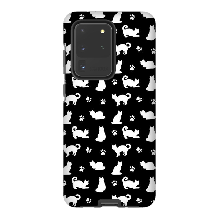 Galaxy S20 Ultra StrongFit Black and White Cats and Paw Prints Pattern by Julie Erin Designs