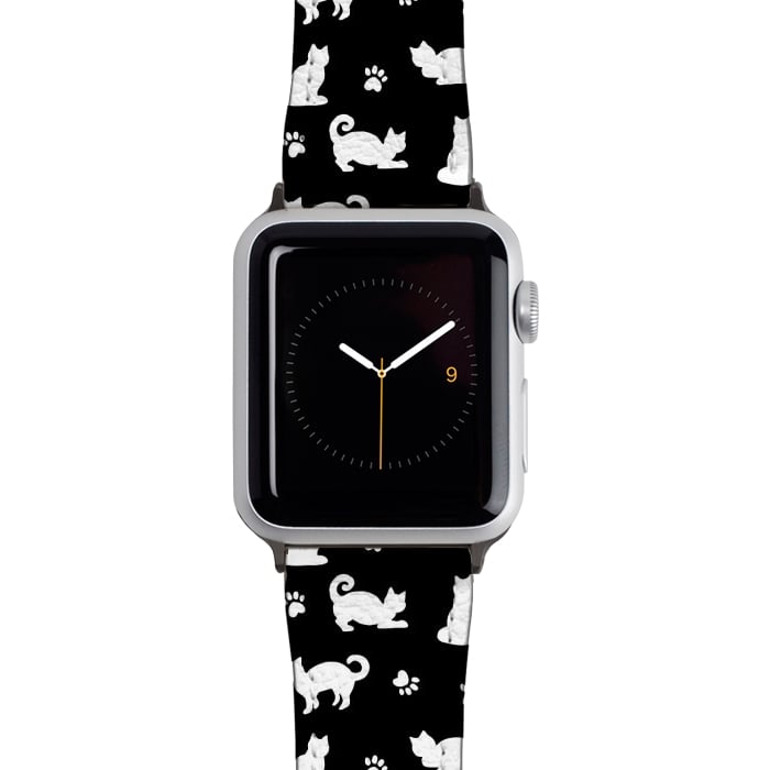 Watch 38mm / 40mm Strap PU leather Black and White Cats and Paw Prints Pattern by Julie Erin Designs