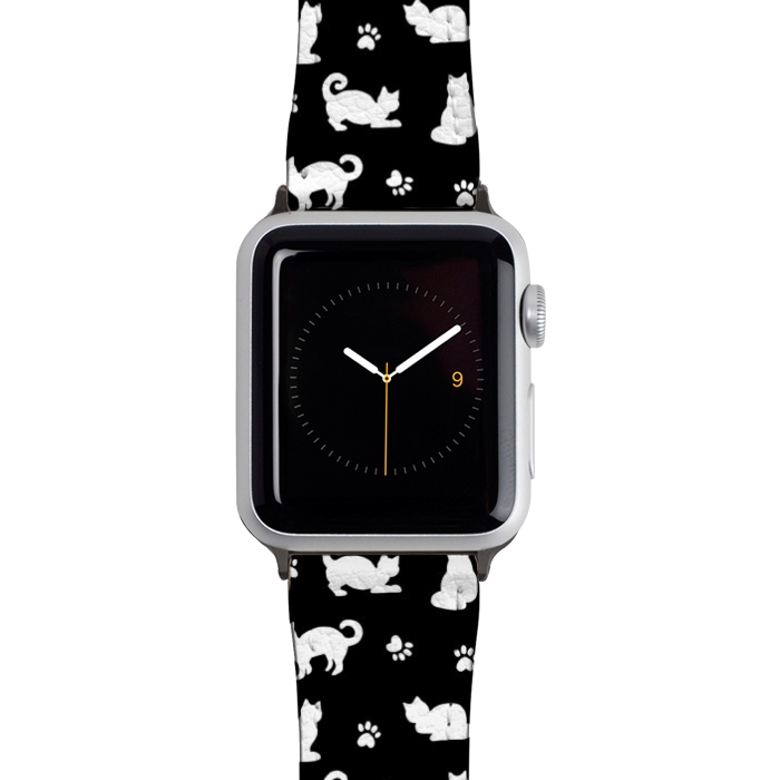 Watch 42mm / 44mm Strap PU leather Black and White Cats and Paw Prints Pattern by Julie Erin Designs