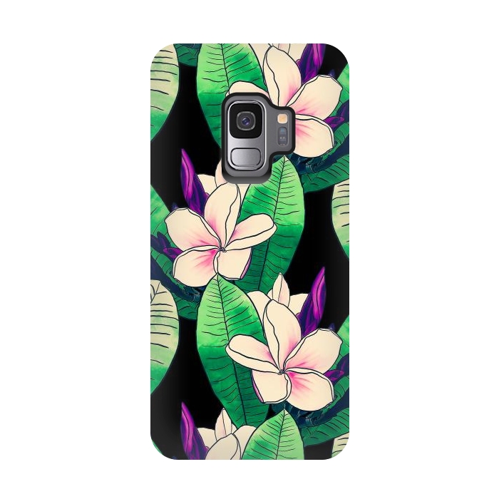 Galaxy S9 StrongFit Stylish Plumeria Flower Tropical Green Foliage Design by InovArts