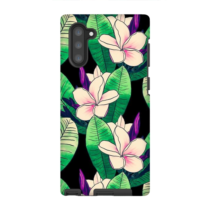 Galaxy Note 10 StrongFit Stylish Plumeria Flower Tropical Green Foliage Design by InovArts