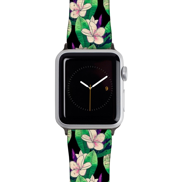 Watch 42mm / 44mm Strap PU leather Stylish Plumeria Flower Tropical Green Foliage Design by InovArts
