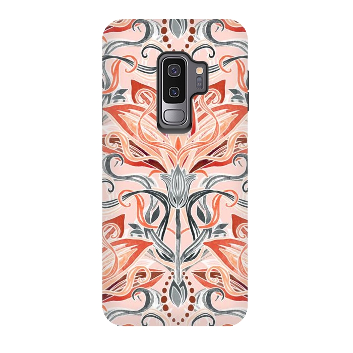 Galaxy S9 plus StrongFit Coral and Grey Watercolor Art Nouveau Aloe by Micklyn Le Feuvre