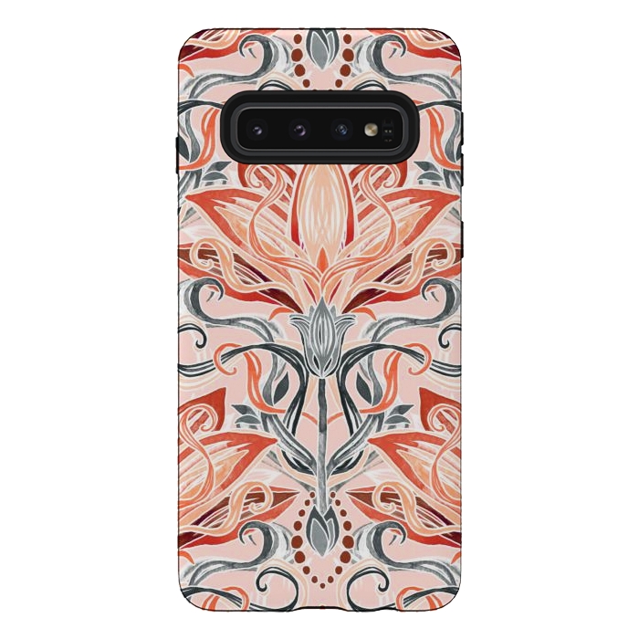 Galaxy S10 StrongFit Coral and Grey Watercolor Art Nouveau Aloe by Micklyn Le Feuvre