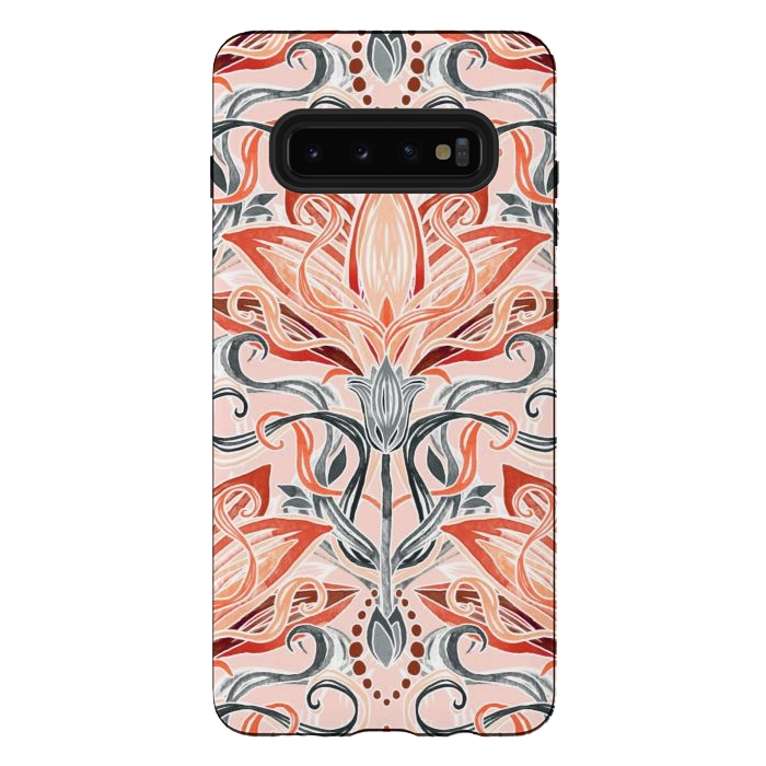 Galaxy S10 plus StrongFit Coral and Grey Watercolor Art Nouveau Aloe by Micklyn Le Feuvre