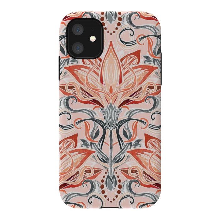 iPhone 11 StrongFit Coral and Grey Watercolor Art Nouveau Aloe by Micklyn Le Feuvre