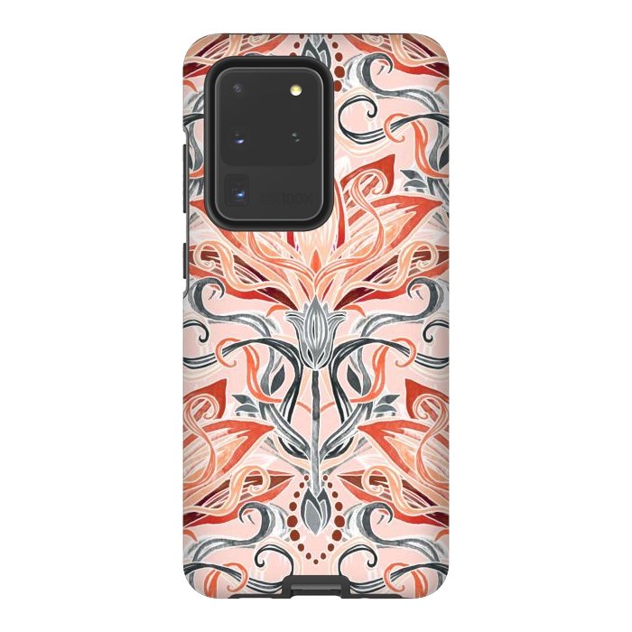 Galaxy S20 Ultra StrongFit Coral and Grey Watercolor Art Nouveau Aloe by Micklyn Le Feuvre