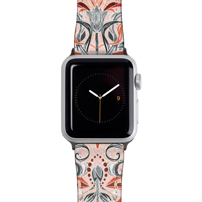 Watch 42mm / 44mm Strap PU leather Coral and Grey Watercolor Art Nouveau Aloe by Micklyn Le Feuvre