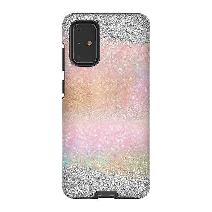 Galaxy S20 Plus StrongFit Elegant Silver Gold strokes rainbow glow Glitter abstract image by InovArts