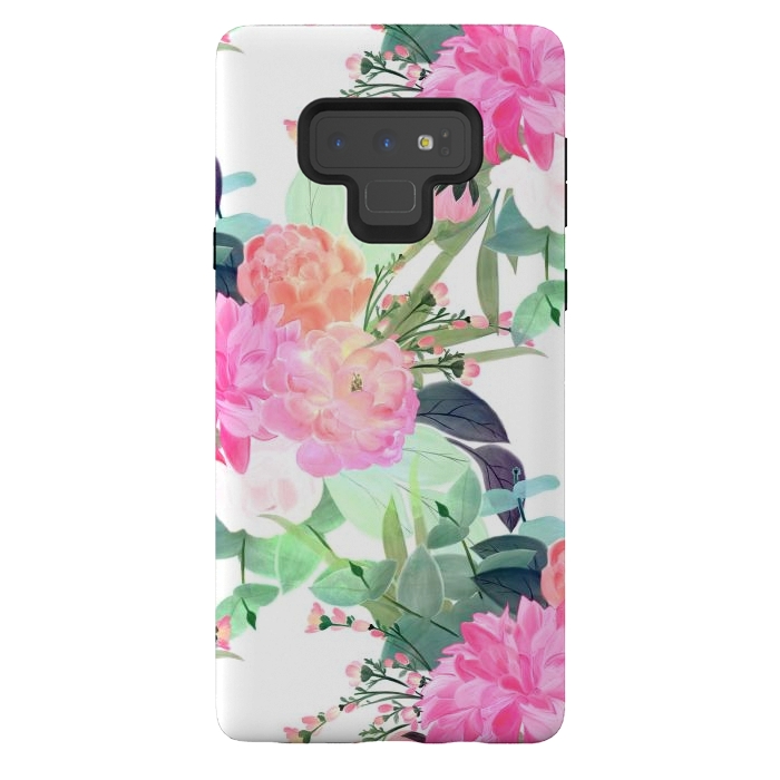 Galaxy Note 9 StrongFit Girly Pink & White Flowers Watercolor Paint by InovArts