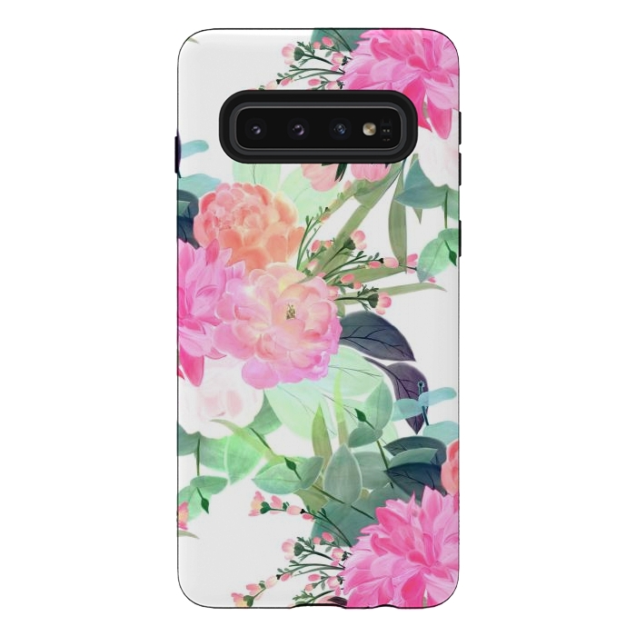 Galaxy S10 StrongFit Girly Pink & White Flowers Watercolor Paint by InovArts