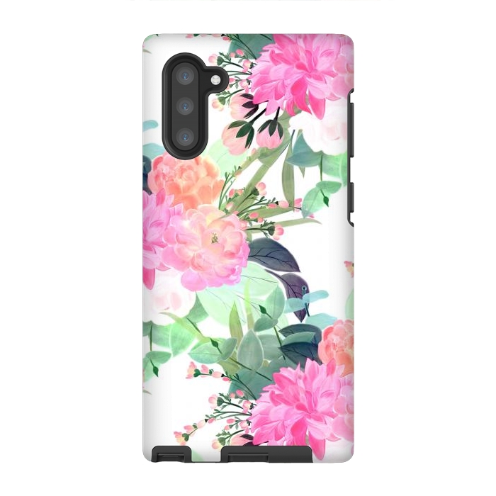 Galaxy Note 10 StrongFit Girly Pink & White Flowers Watercolor Paint by InovArts