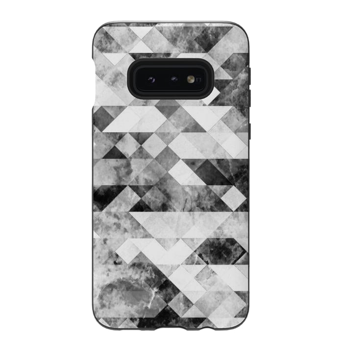 Galaxy S10e StrongFit Black and white textured marble triangles by Oana 