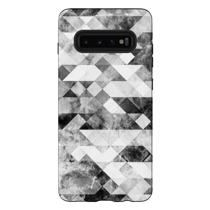 Galaxy S10 plus StrongFit Black and white textured marble triangles by Oana 