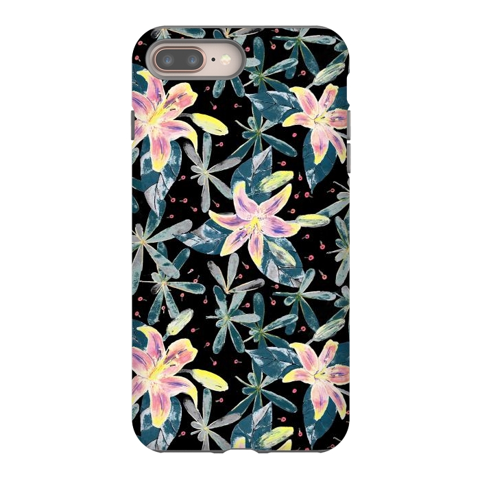 iPhone 7 plus StrongFit Painted flowers and tropical leaves - dark green by Oana 