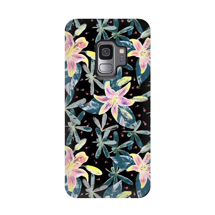 Galaxy S9 StrongFit Painted flowers and tropical leaves - dark green by Oana 