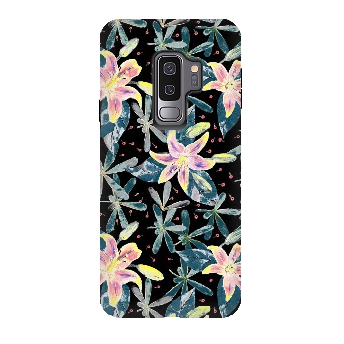 Galaxy S9 plus StrongFit Painted flowers and tropical leaves - dark green by Oana 