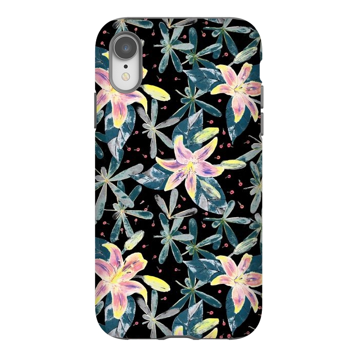 iPhone Xr StrongFit Painted flowers and tropical leaves - dark green by Oana 