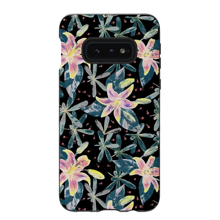 Galaxy S10e StrongFit Painted flowers and tropical leaves - dark green by Oana 