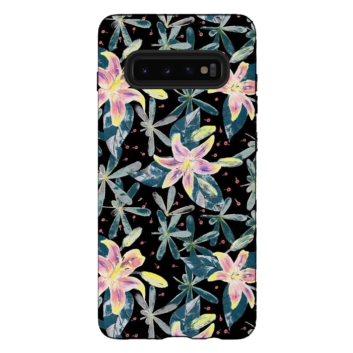 Galaxy S10 plus StrongFit Painted flowers and tropical leaves - dark green by Oana 