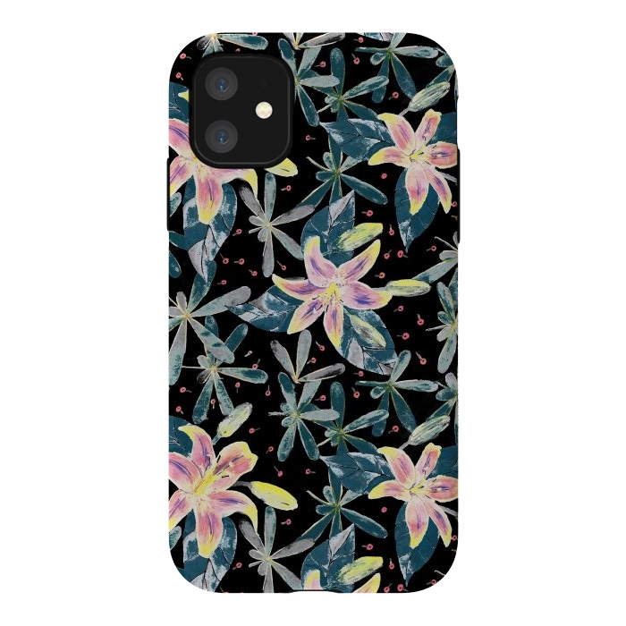iPhone 11 StrongFit Painted flowers and tropical leaves - dark green by Oana 