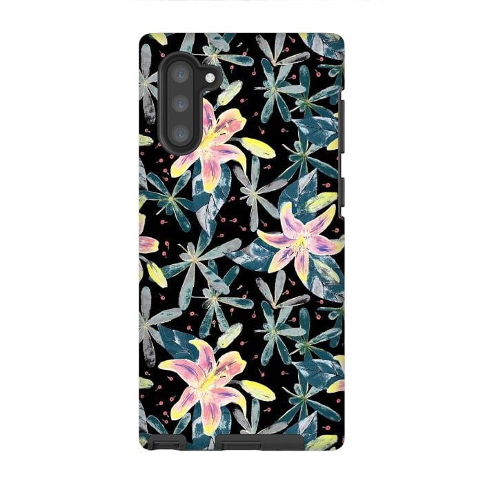 Galaxy Note 10 StrongFit Painted flowers and tropical leaves - dark green by Oana 