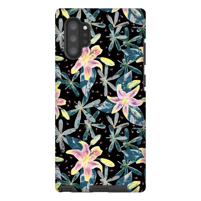 Galaxy Note 10 plus StrongFit Painted flowers and tropical leaves - dark green by Oana 
