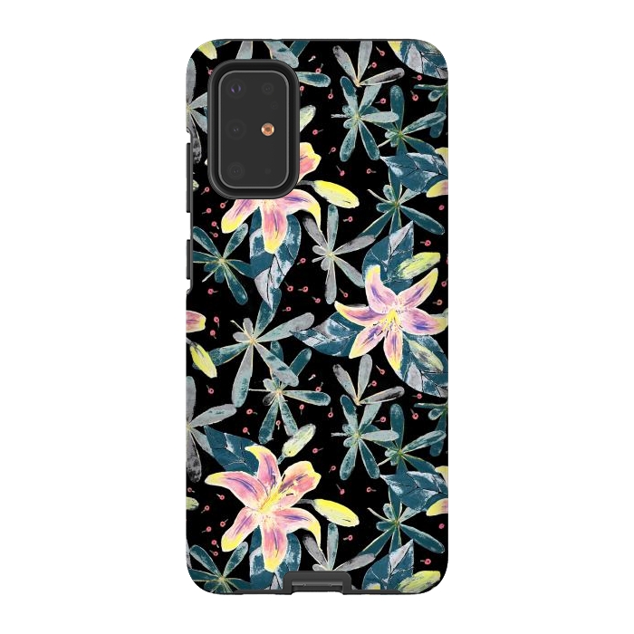 Galaxy S20 Plus StrongFit Painted flowers and tropical leaves - dark green by Oana 