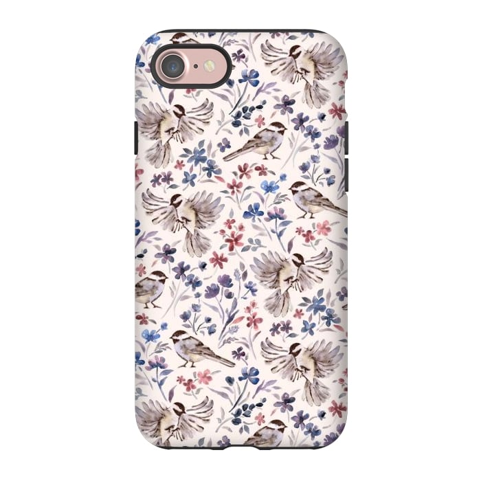 iPhone 7 StrongFit Chickadees and Wildflowers on Cream by Micklyn Le Feuvre