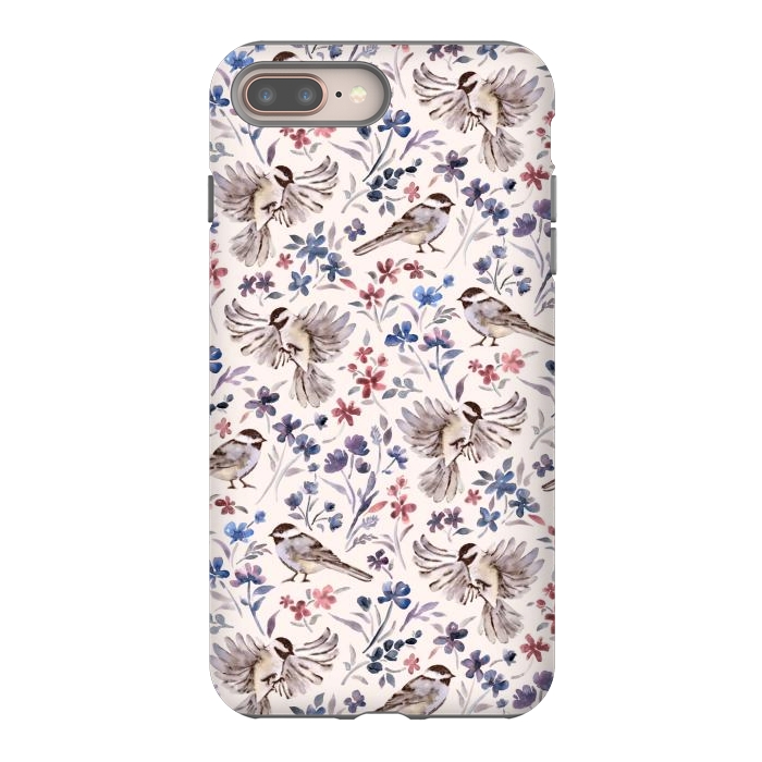 iPhone 7 plus StrongFit Chickadees and Wildflowers on Cream by Micklyn Le Feuvre