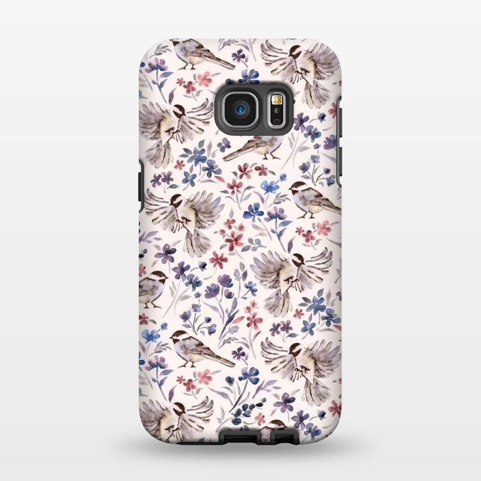 Galaxy S7 EDGE StrongFit Chickadees and Wildflowers on Cream by Micklyn Le Feuvre