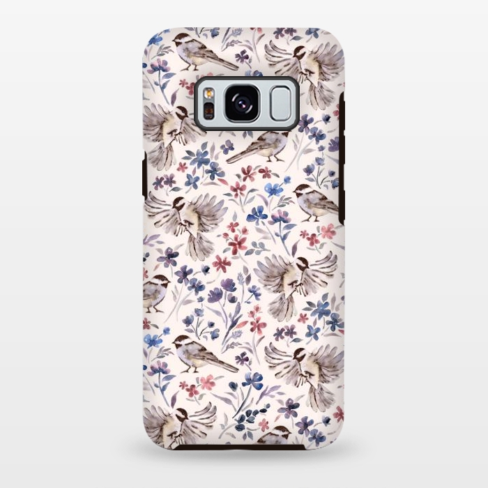 Galaxy S8 plus StrongFit Chickadees and Wildflowers on Cream by Micklyn Le Feuvre