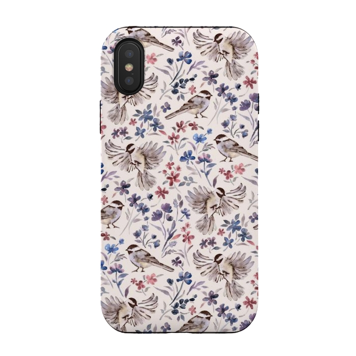 iPhone Xs / X StrongFit Chickadees and Wildflowers on Cream by Micklyn Le Feuvre