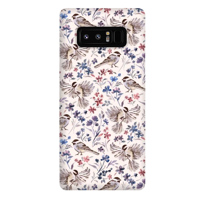 Galaxy Note 8 StrongFit Chickadees and Wildflowers on Cream by Micklyn Le Feuvre