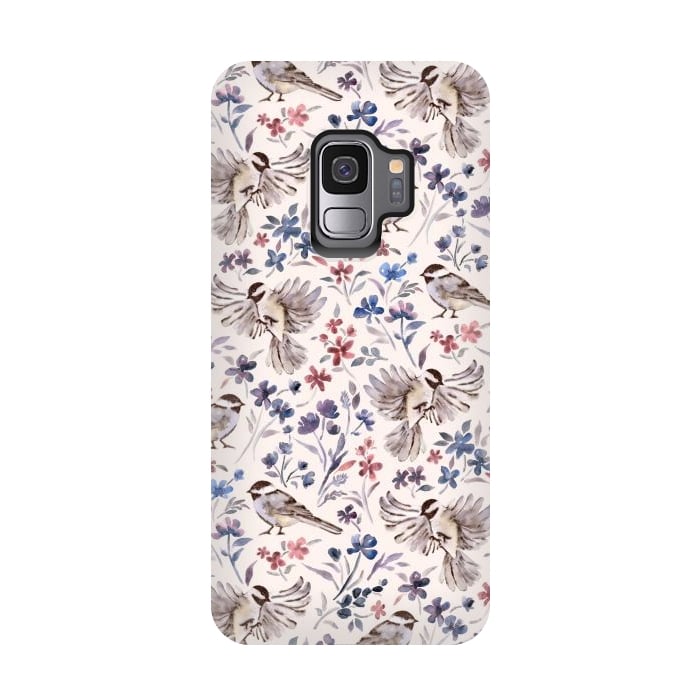 Galaxy S9 StrongFit Chickadees and Wildflowers on Cream by Micklyn Le Feuvre