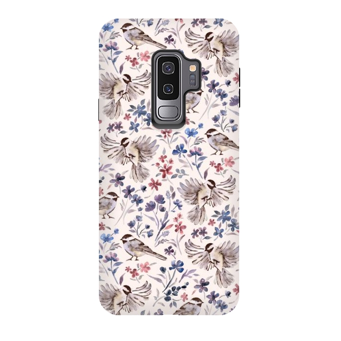 Galaxy S9 plus StrongFit Chickadees and Wildflowers on Cream by Micklyn Le Feuvre