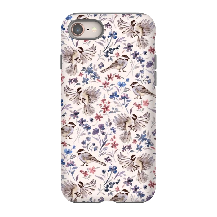 iPhone 8 StrongFit Chickadees and Wildflowers on Cream by Micklyn Le Feuvre
