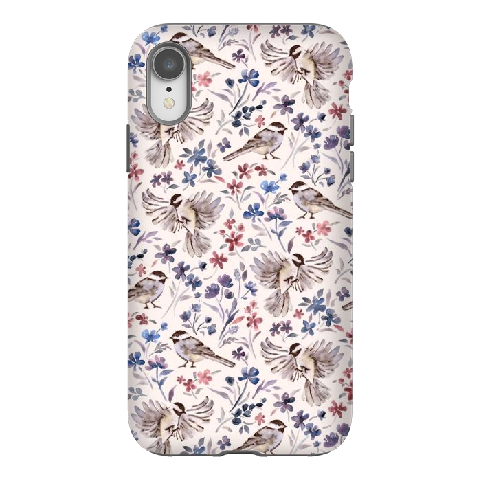 iPhone Xr StrongFit Chickadees and Wildflowers on Cream by Micklyn Le Feuvre