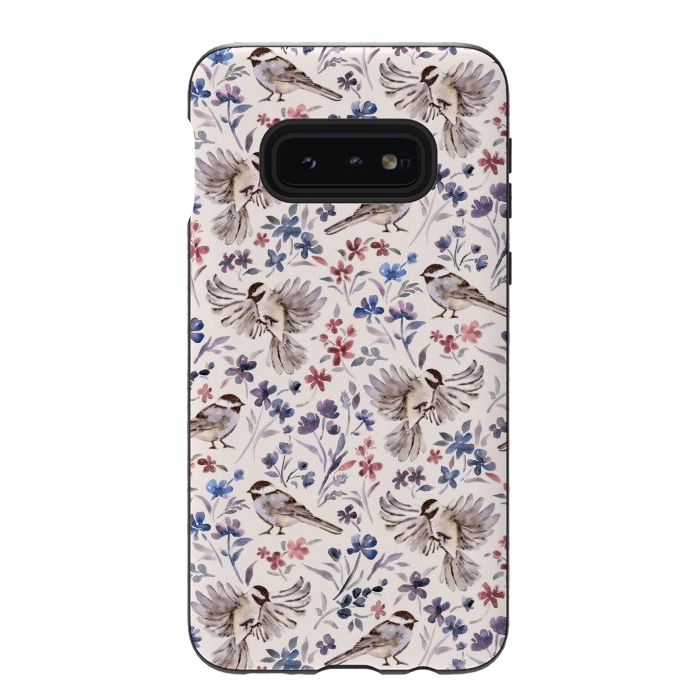 Galaxy S10e StrongFit Chickadees and Wildflowers on Cream by Micklyn Le Feuvre