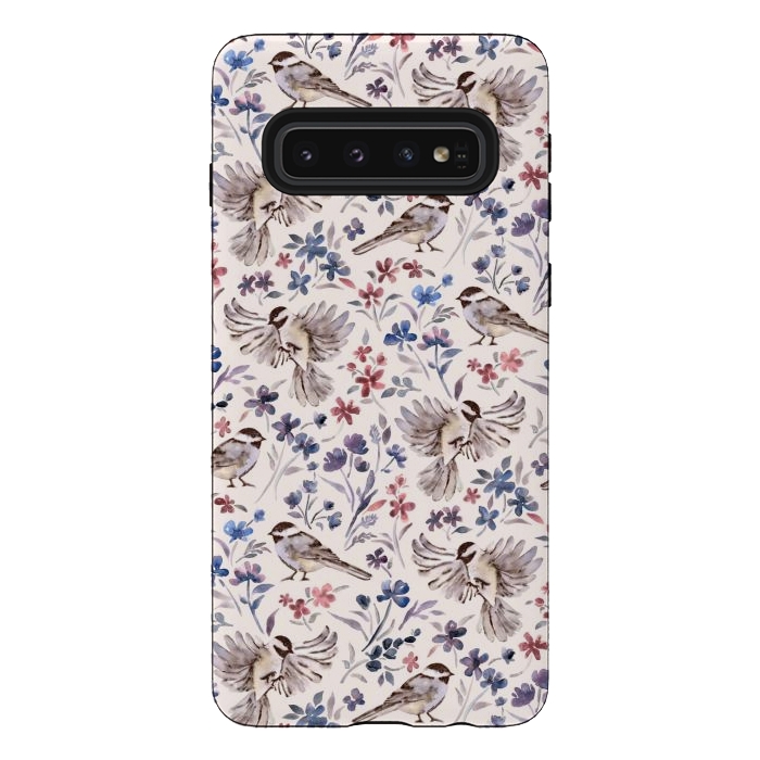 Galaxy S10 StrongFit Chickadees and Wildflowers on Cream by Micklyn Le Feuvre